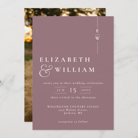 Mauve Modern Elegante Monogram Foto Wedding Einladung (Vorne/Hinten)