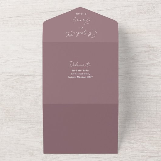 Mauve Modern Elegante Script QR Code Hochzeit All In One Einladung (Außenbereich)