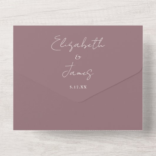 Mauve Modern Elegante Script QR Code Hochzeit All In One Einladung (Rückseite)
