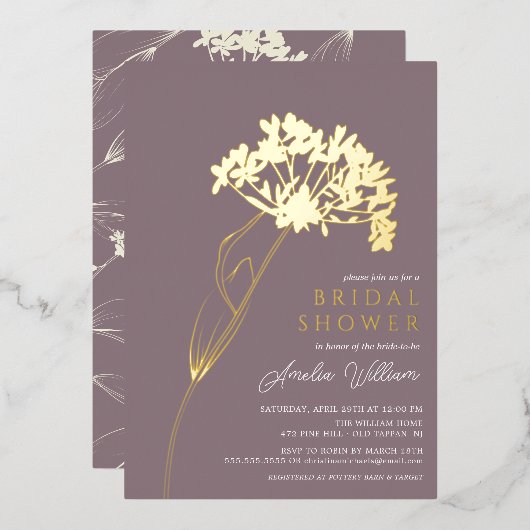 Mauve Modern Floral Brautparty Foil Einladung (Vorderseite/Rückseite)