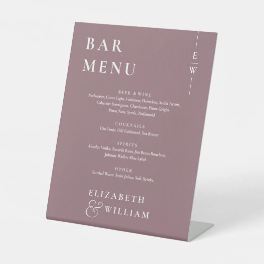 Mauve Modern Minimalistisch Monogram Bar Menu Sockelschild (Vorderseite)