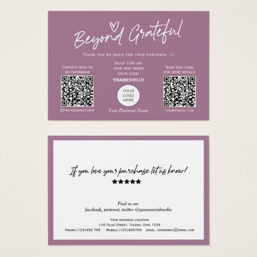 Mauve Modern Script QR Code Dankeschön Karte (Vorne & Hinten)