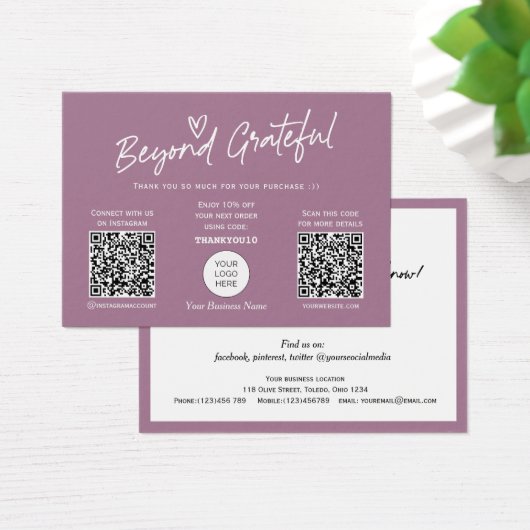 Mauve Modern Script QR Code Dankeschön Karte (Schreibtisch)