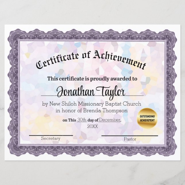 Mauve-Mosaik-Bescheinigung über die Erfüllung (Vorderseite)