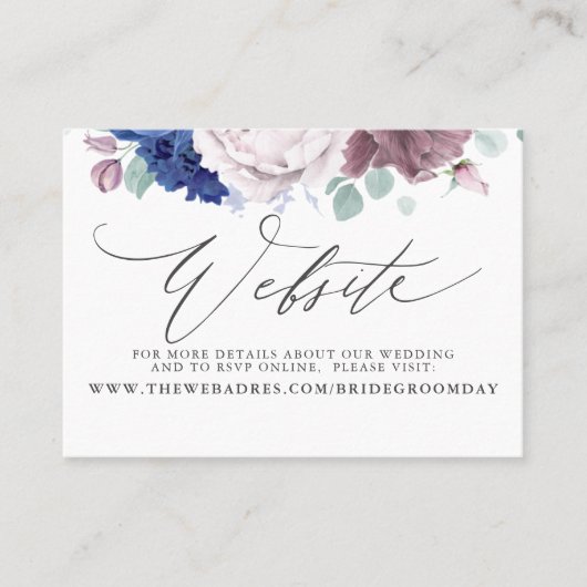 Mauve Navy Blue Floral Wedding Website Card Visitenkarte (Vorderseite)