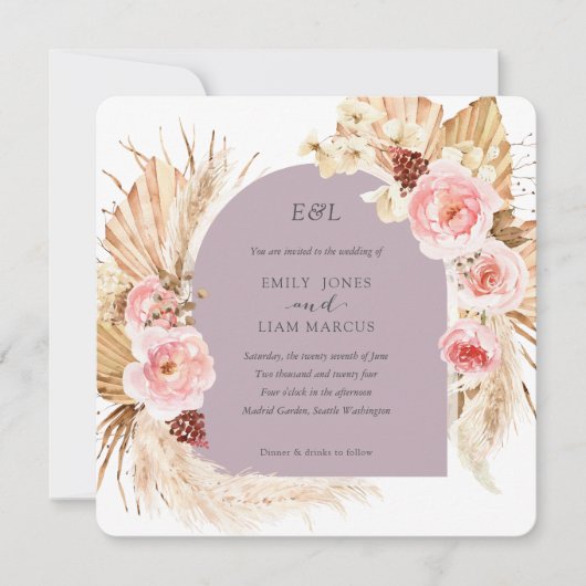 Mauve Pampas Grass Boho Floral Square Wedding Einladung (Vorderseite)