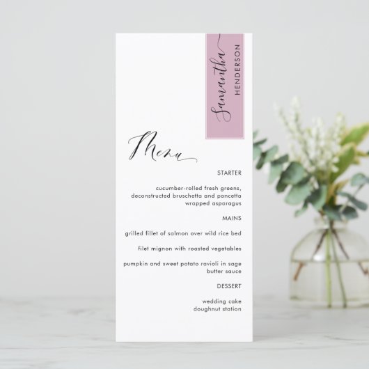 Mauve Personalisiert mit Gast Name Elegante Menü Menükarte (Stehend Vorderseite)
