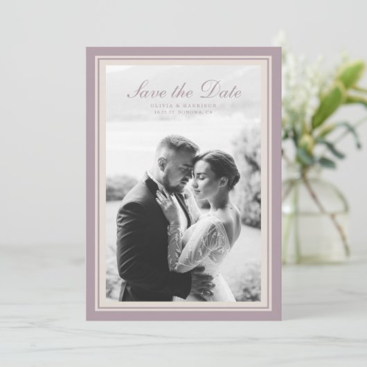 Mauve Photo Wedding Save the Date Card Einladung (Stehend Vorderseite)