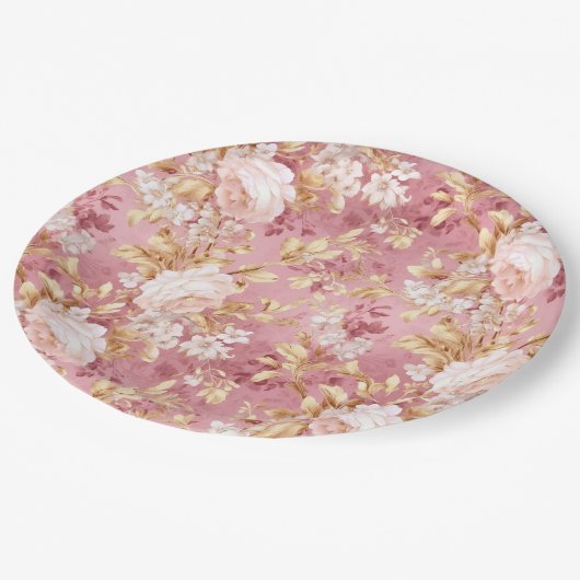 Mauve Pink And Golden Brown Floral Accents Pappteller (Schrägansicht)