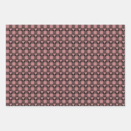 Mauve Pink Black Buffalo Heart Plaid Geschenkpapier Set