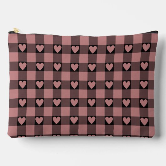 Mauve Pink Black Buffalo Heart Plaid Zubehörtasche (Vorderseite)