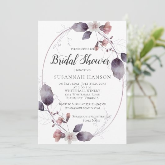 Mauve Pink Blume Aquarellfarbe Blätter Brautparty Einladung (Stehend Vorderseite)