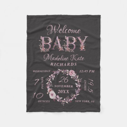 Mauve Pink Elegant Floral Baby Girl Birth Stats Fleecedecke (Vorderseite)