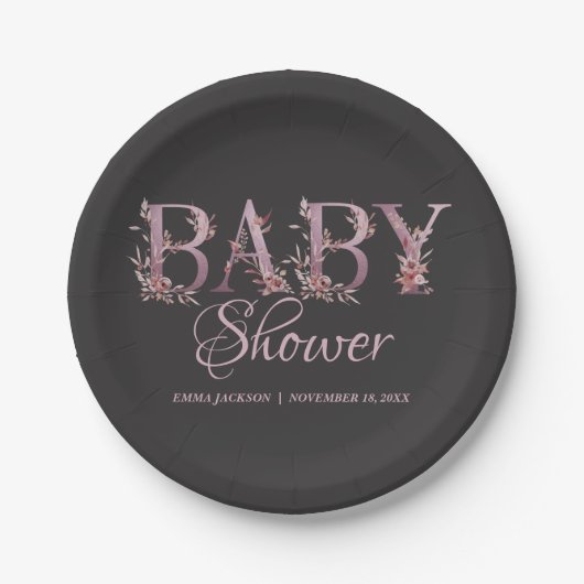 Mauve Pink Elegant Floral Chic Girl's Baby Shower Pappteller (Vorderseite)