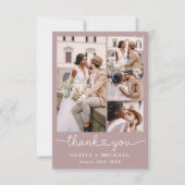 Mauve Pink Five Foto Collage Script Hochzeit Dankeskarte (Vorderseite)