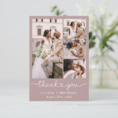 Mauve Pink Five Foto Collage Script Hochzeit Dankeskarte (Stehend Vorderseite)