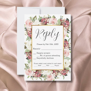 Mauve Pink Green Florals Gold Frame Watercolor RSVP Karte