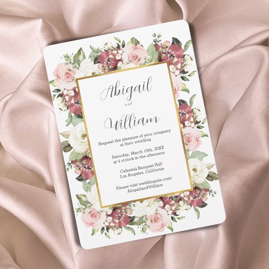 Mauve Pink Green Florals Gold Wedding Einladung