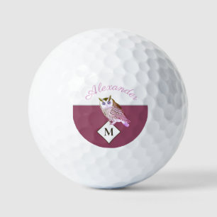 Mauve Pink Owl Monogram Name Golf Head Cover Golfball