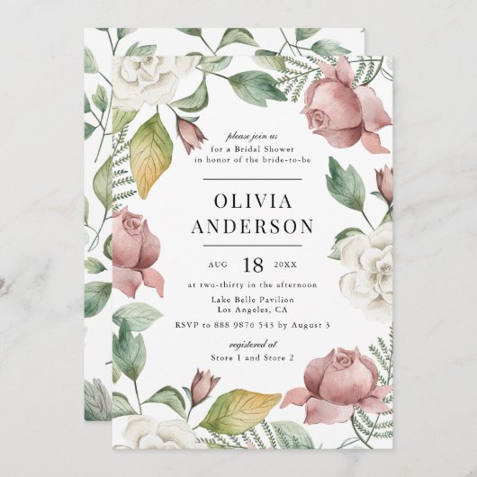 Mauve Pink und Weißrosen Brautparty Einladung (Vorne/Hinten)