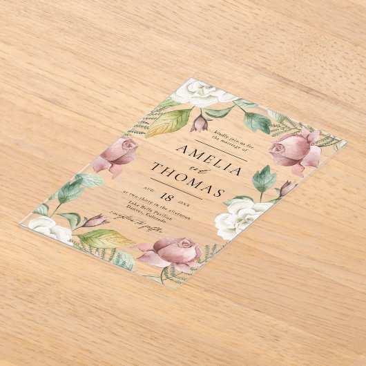 Mauve Pink und White Roses Blumenzeremonie Acryleinladungen (Ablage )