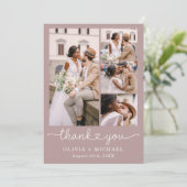 Mauve Pink Vier Foto Collage Script Hochzeit Dankeskarte (Stehend Vorderseite)