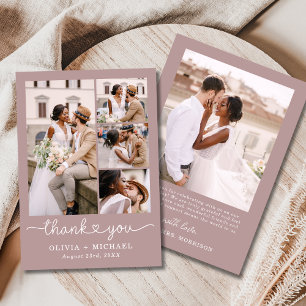 Mauve Pink Vier Foto Collage Script Hochzeit Dankeskarte