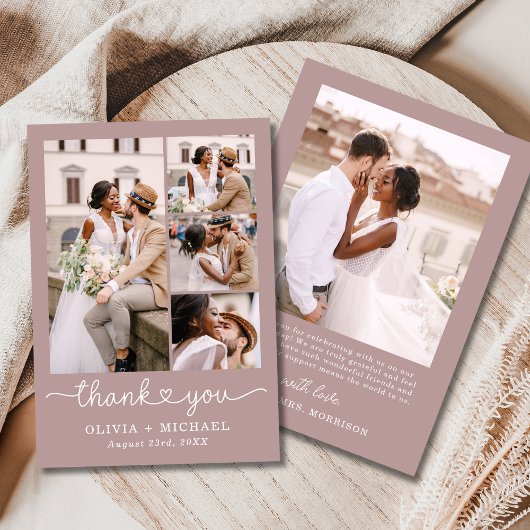 Mauve Pink Vier Foto Collage Script Hochzeit Dankeskarte