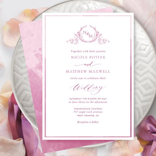 Mauve Pink Watercolor Elegante Monogram Wedding Einladung
