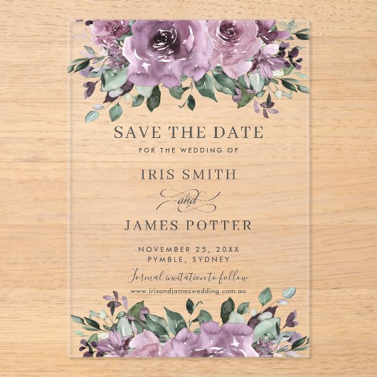 Mauve Plum Lila Blumenhochzeit Sichern Sie das Dat Acryleinladungen (Vorderseite)