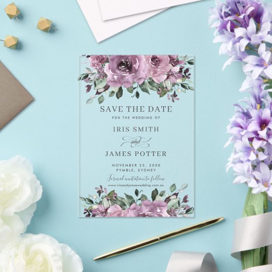 Mauve Plum Lila Blumenhochzeit Sichern Sie das Dat Acryleinladungen (In Situ (Hochzeit))