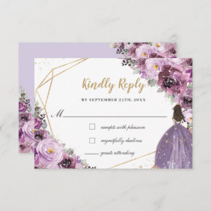 Mauve Plum Lila Floral Quinceñera Princess RSVP Karte