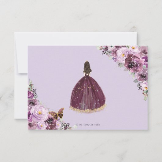 Mauve Plum Lila Floral Quinceñera Princess UAWG RSVP Karte (Rückseite)