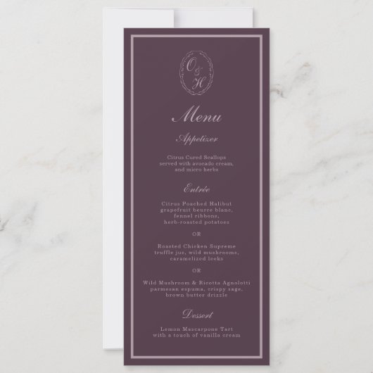 Mauve Plum Monogram Wedding Long Menu Einladung (Vorderseite)