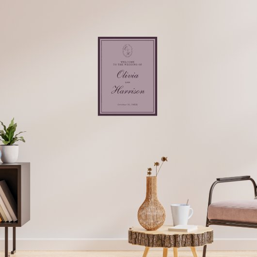 Mauve Plum Monogram Wedding Welcome Sign Poster (Wohnzimmer 3)