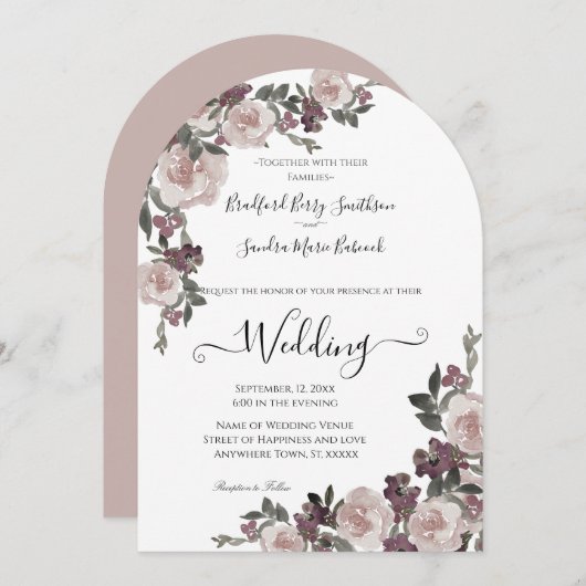 Mauve Plum Watercolor Floral Wedding Einladung (Vorne/Hinten)