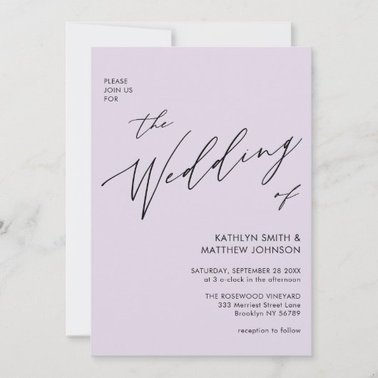 Mauve QR Code in einem eleganten Skript Hochzeit Einladung (Vorderseite)