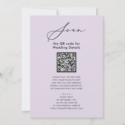 Mauve QR Code in einem eleganten Skript Hochzeit Einladung (Rückseite)