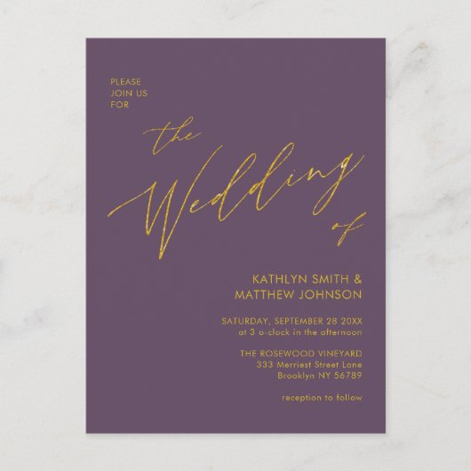 Mauve QR Code in einem Gold Script Chic Hochzeit Einladungspostkarte (Vorderseite)