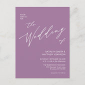 Mauve QR Code in einem modernen Skript Hochzeit Einladungspostkarte (Vorderseite)