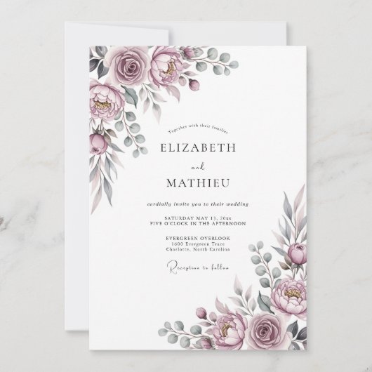 Mauve Romantische Hochzeitsblumen Einladung (Vorderseite)