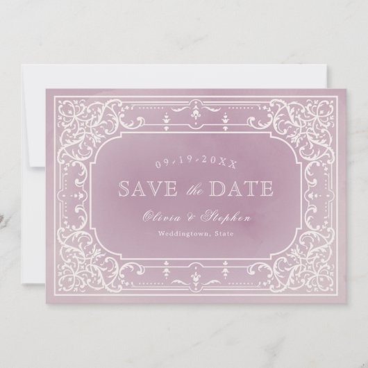 Mauve romantische Jahrgangshochzeit Save the Date (Vorderseite)