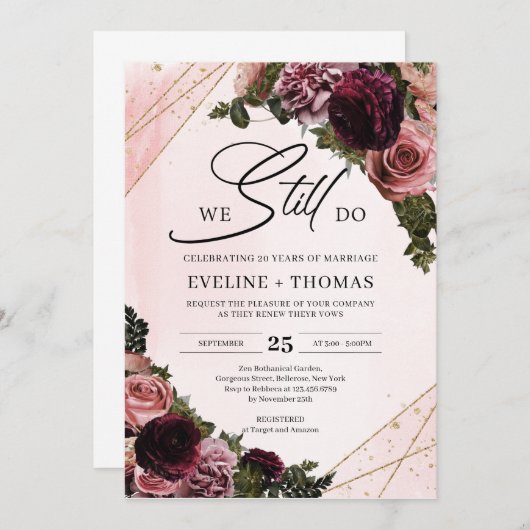 Mauve Rose Blume rot Bordeaux wir noch tun Einladung (Vorne/Hinten)