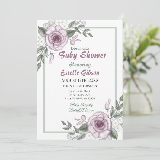 Mauve Rose Girl's Floral Baby Shower Einladung (Stehend Vorderseite)