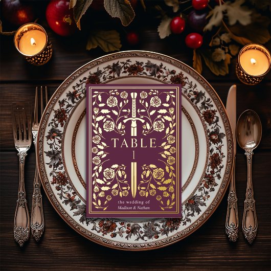 Mauve Royal Medieval Sword Wedding Table Card Folieneinladung