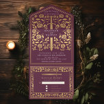 Mauve Royal Mittelalterliche Hochzeit in einem Inv All In One Einladung<br><div class="desc">Feiern Sie Ihren besonderen Tag mit diesem königlich-mittelalterlichen Schwert Hochzeitsdesign. Das Design auf der Rückseite des Einladens ist KEINE echte Goldfolie. Sie können dies durch einen Klick auf "PERSONALISIEREN" weiter anpassen.</div>
