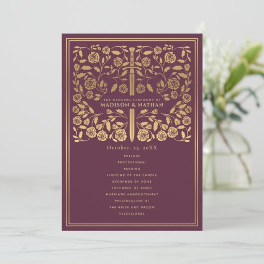 Mauve Royal Mittelalterliches Hochzeitsprogramm Programm (Stehend Vorderseite)