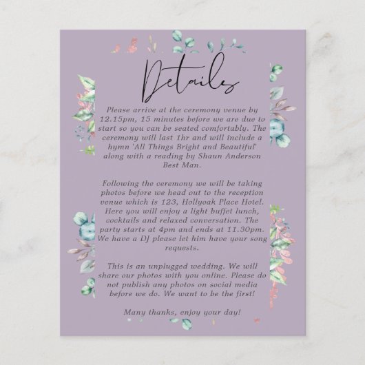 Mauve Sage Rosegold Blätter Wedding Details Progra (Vorderseite)