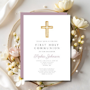 Mauve Schrift religiöses Kreuz Junge Erste Kommuni Einladung