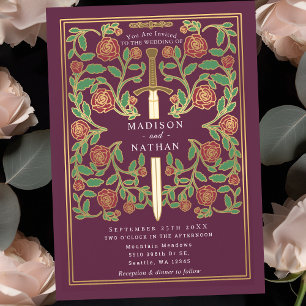 Mauve-Schwert-Blumen-Mittelalter-Fantasy-Hochzeit  Einladung